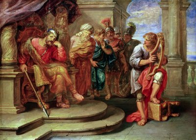 Saul lyssnar på David som spelar harpa av Erasmus Quellinus II
