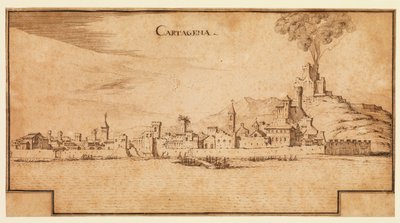 Vy över Cartagena, Spanien, ca 1642 (penna och brunt bläck på papper, med brunt bläck inramade linjer nedtill) av Ercole Frigoni Bazzicaluva
