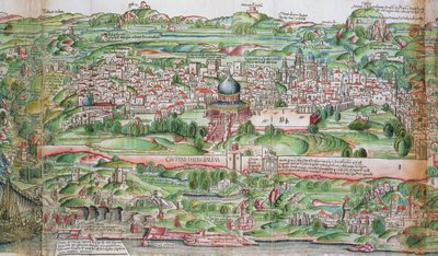 Karta över staden Jerusalem, från "Pilgrimsfärd i det heliga landet" av Bernhard von Breydenbach (1440-97) av Erhard Reuwich