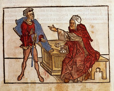Transaktion mellan en jude och en lånehaj Sida hämtad från reseboken "" Peregrinatio in Terram Sanctam"" efter pilgrimsfärden i Bernard de Breydenbachs heliga land (Breidenbach) (1454-1497) illustrerad med gravyrer av Erhard Reuwich av Erhard Reuwich