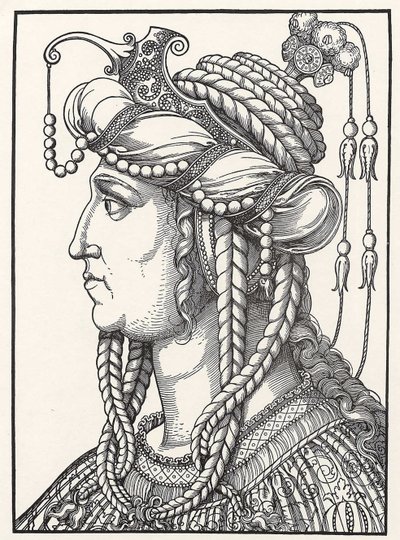 ""Porträtt av Sultan Suleiman den storslagna frun till Sultan Suleiman (Russelazie (den Ruthen)) eller Hurrem (född Anastasia Lisovska, ca 1500-1558)" Träsnitt av Erhard Schoen (1491-1592) ca 1532 Go Herzogliches Museum av Erhard Schon