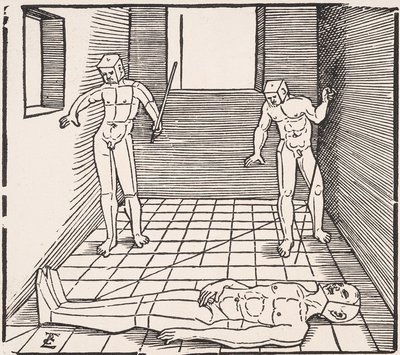 Tre mansfigurer i ett rum Från: Unnderweissung der Proportzion av Erhard Schon