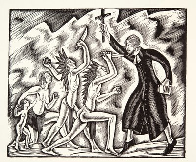 Attacken, från Fader Jean de Brebeufs resor och lidanden av Eric Gill