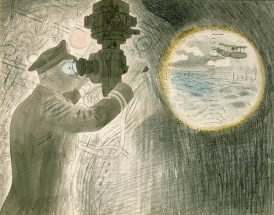 En ubåtsofficer tittar genom periskopet. Akvarell och blyerts på papper av Eric Ravilious