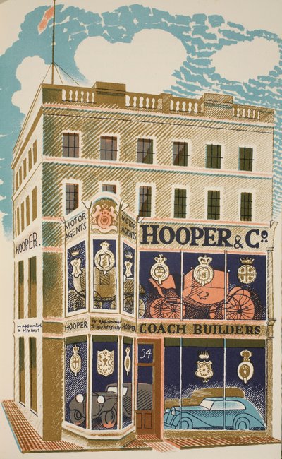 Kuskbyggare, illustration från "High Street" av J.M. Richards, tryckt av Curwen Press, publicerad av Country Life, 1938. av Eric Ravilious