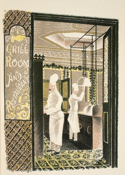 Restaurang och grillrum, illustration från "High Street" av J.M. Richards, tryckt av Curwen Press, publicerad av Country Life, 1938. av Eric Ravilious
