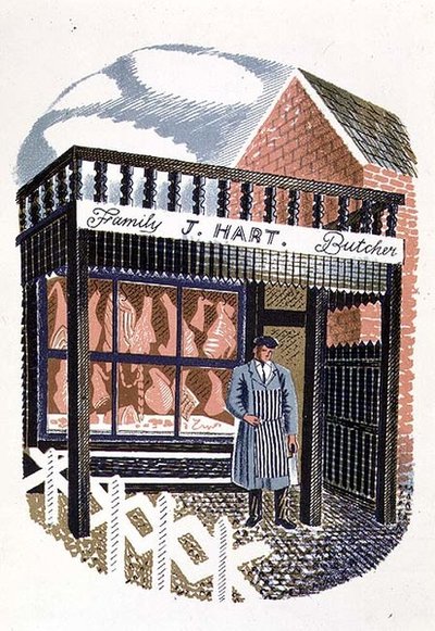 The Butchers Shop, tryckt av Curwen Press, från High Street, av J.M. Richards, utgiven av Country Life, 1938 (24 st) av Eric Ravilious
