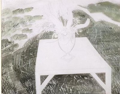 Vas med blommor i en trädgård (penna och akvarell på papper) av Eric Ravilious