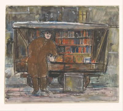 Bokhandlare framför sin bokvagn av Erich Büttner (signed by artist)