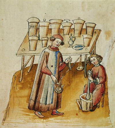 En apotekare och hans assistent bunkrar örter och rötter för medicinskt bruk, ca 1380-1400 av Erich Lessing