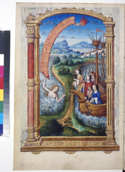 Hel sida: miniatyr omsluten av en arkitektonisk ram: två skepp med Margareta av Österrike och andra figurer i ett vidsträckt landskap, ca 1504 (temperamålning) av Erich Lessing