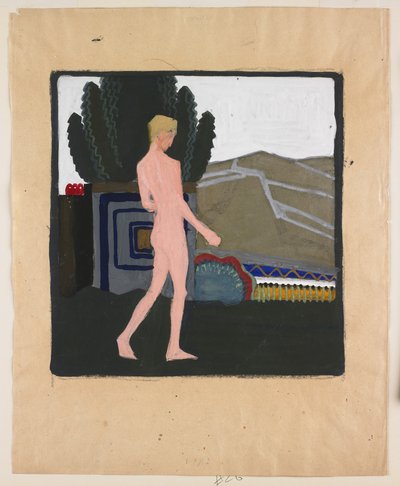 Stående manlig nakenbild i ett landskap, ca 1914 (gouache på papper) av Erich Mallina