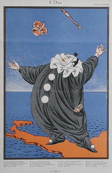Karikatyr av Benito Mussolini (1883-1945), från tidskriften Simplicissimus. 8 februari 1926 (lito i färg) av Erich Schilling