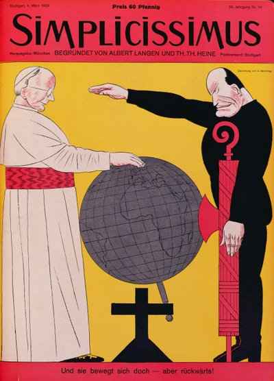 Påven Pius XI (1857-1939) och Mussolini (1883-1945) vid tiden för Lateranfördraget 1929, omslagsillustration av tidskriften Simplicissimus, 4 mars 1929 (lito i färg) av Erich Schilling