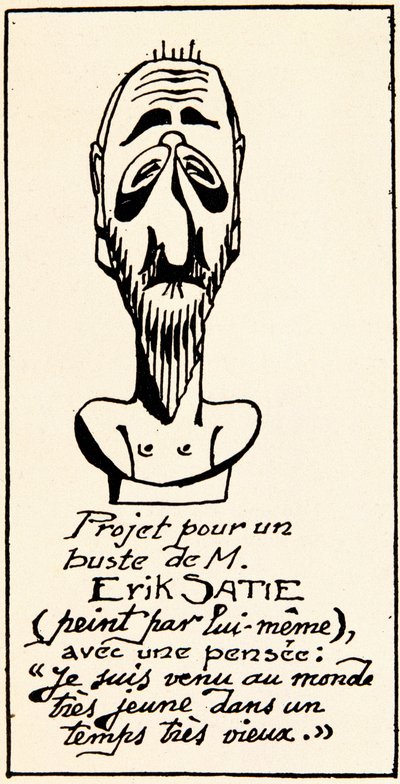 Bystprojekt av kompositören Erik Satie (1866-1925) av honom själv: Jag kom till världen mycket ung på en mycket gammal tid” (Bystprojekt av kompositören Erik Satie ensam.) Privat samling av Erik Satie