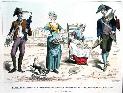 Paraplysäljare, blomstersäljare, madrassullkardare och bälgsäljare på 1700-talet, från 