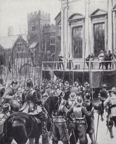 Avrättning av kung Charles I utanför banketthuset i Whitehall, London, 30 januari 1649 (litho) av Ernest (after) Crofts