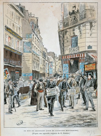 Frankrike, Paris, tidningsförsäljare i rue du Croissant i hörnet av rue du Faubourg Montmartre i Paris av Ernest Grenier, tryck från akvarell av Ernest (after) Grenier