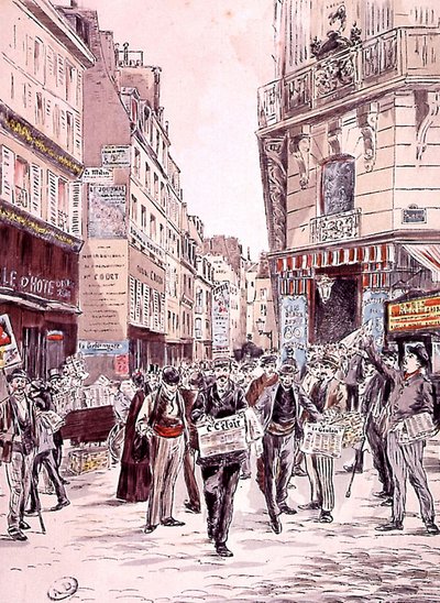 nyhetsförsäljare på gatorna i Paris 1893, gravyr av Ernest (after) Grenier