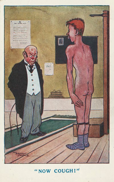 Läkare ber en naken man att hosta under en läkarundersökning (färg litho) av Ernest (after) Noble