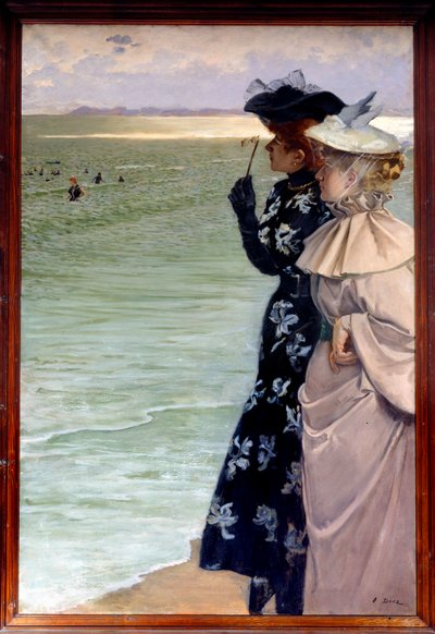 Vacker period: "" Badtid vid havet""" Två kvinnor på stranden undersöker badgästerna i kikare. Målning av Ernest Ange Duez (1843-1896) 1896 Sön. 1,06x1,6 m Rouen, musee des Beaux Arts - Belle epoque: "" Badtid vid havet"" Två kvinnor på b av Ernest Ange Duez
