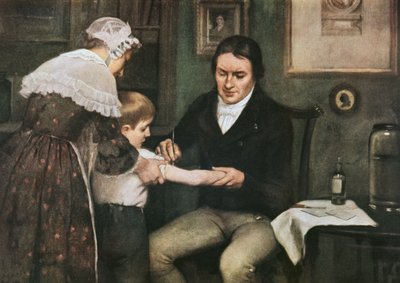 Dr Edward Jenner (1749-1823) utför sin första vaccination mot smittkoppor på James Phipps, pojke på åtta år, den 14 maj av Ernest Board