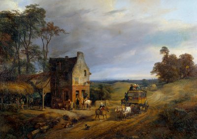 arresterades framför ett värdshus. Målning av Ernest Delahaye (1855-1921) 1800-talet. Compiegne, National Castle Museum. av Ernest Delahaye