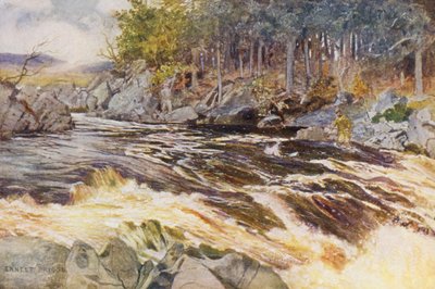 Laxfiske på Ken, ett kritiskt ögonblick (färglitografi) av Ernest Edward Briggs