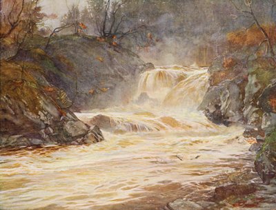 Lochays vattenfall i översvämning (färglitografi) av Ernest Edward Briggs