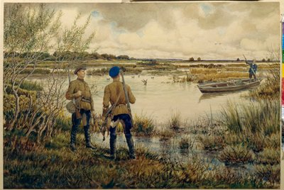 Återvänder från jakten - (jägare med sina redskap, står på stranden av en sjö, väntar på en följeslagare på en båt, ansvarig för fiske av vilt, ankor) - Återvänder från jakten - Verk av Ernest Ernestovich Lissner (1874-1941) , aq av Ernest Ernestovich Lissner
