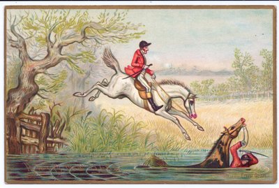 Ett viktorianskt nyårskort av en rävjakt med en jägare och hans häst som faller i floden, ca 1880 av Ernest Henry Griset