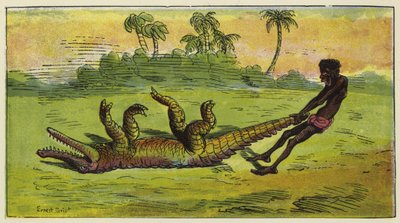 Ashanti-mannen drar en sovande krokodil i svansen av Ernest Henry Griset