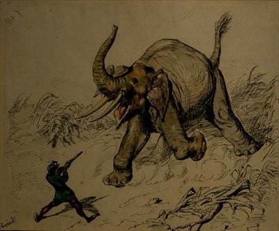 Elephant Shoot (penna och bläck, akvarell på papper) av Ernest Henry Griset