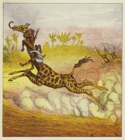Bröderna Bold flyr från gorillorna genom att rida på en giraff. av Ernest Henry Griset