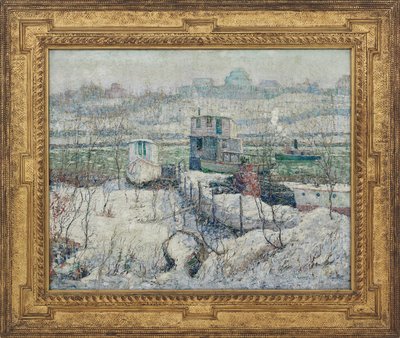 Båthus, Winter, Harlem River, ca 1916 av Ernest Lawson