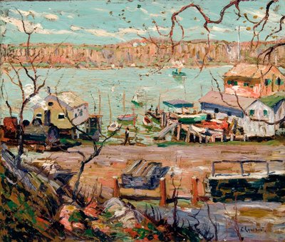 Flodscen – båtar och hus av Ernest Lawson