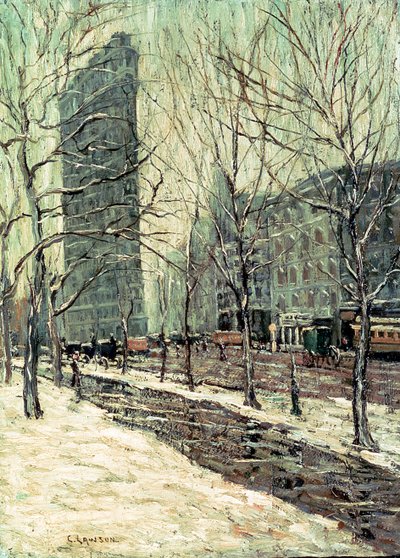 The Flatiron Building, New York, ca 1903-05 (olja ombord) av Ernest Lawson
