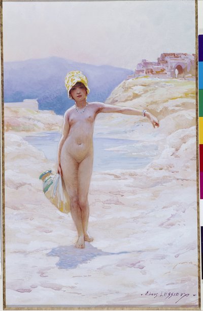 Algerisk flicka har kannan En naken flicka bär en hatt som bär en kanna med vatten nära en vattenkälla i en oas i öknen. Akvarell av Louis Ernest Lessieux (1874-1925) Obligatoriskt omnämnande: Collection fondation regards de Provence, Marseille av Ernest Louis Lessieux