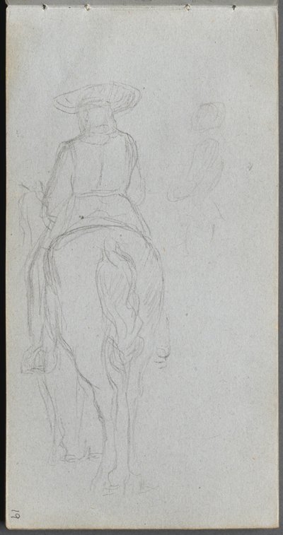 Skissbok, sidan 19: Studie av en figur på hästryggen sedd bakifrån. av Jean Louis Ernest Meissonier