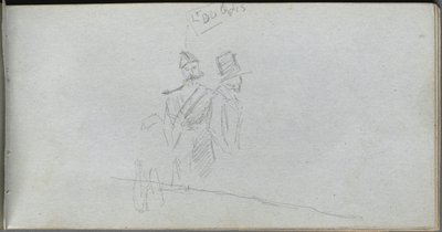 Skissbok, sidan 38: Studie av en soldat och figur i hög hatt av Ernest Meissonier