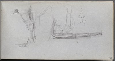 Skissbok, sidan 43: Studier: Hästs ben, figur i en båt och profil. av Jean Louis Ernest Meissonier