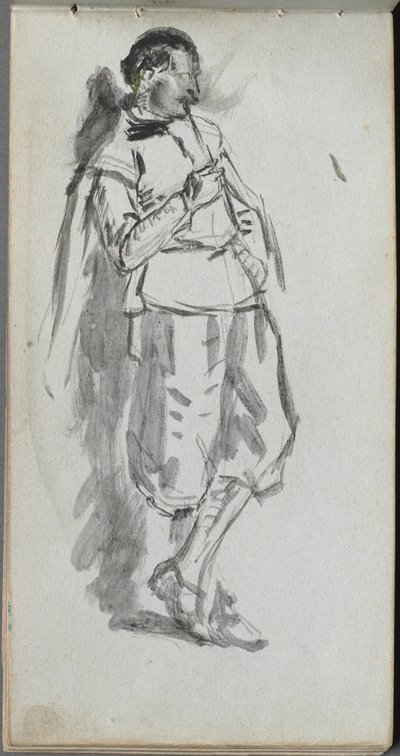 Skissbok, sid 46: Stående mansfigur. av Jean Louis Ernest Meissonier