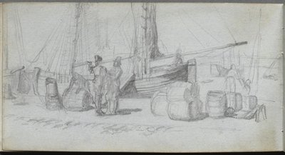 Skissbok, sidan 50: Båtar, figurer, last på en strand av Ernest Meissonier
