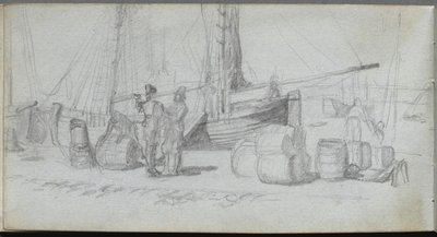 Skissbok, sidan 50: Båtar, figurer, last på en strand. av Jean Louis Ernest Meissonier