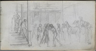 Skissbok, sidan 62: Figurstudie, trappa, häst. av Jean Louis Ernest Meissonier