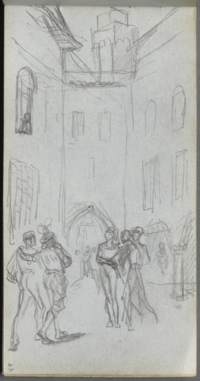Skissbok, sidan 63: Figurer på en innergård. av Jean Louis Ernest Meissonier