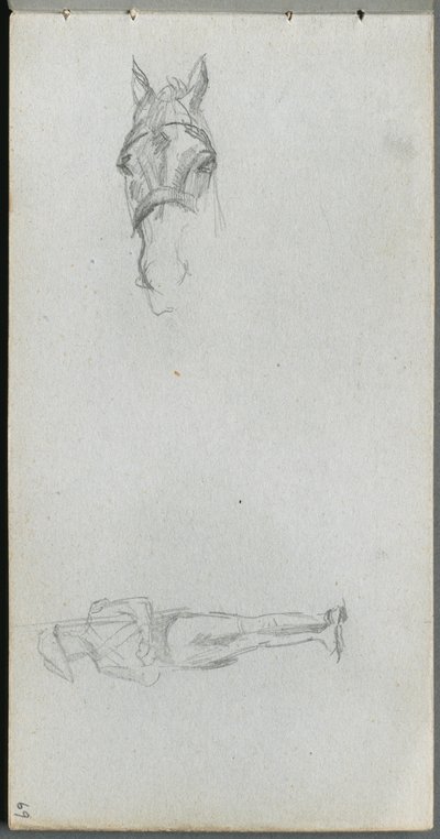 Skissbok, sidan 69: Studie av en hand, en häst och en figur av Ernest Meissonier