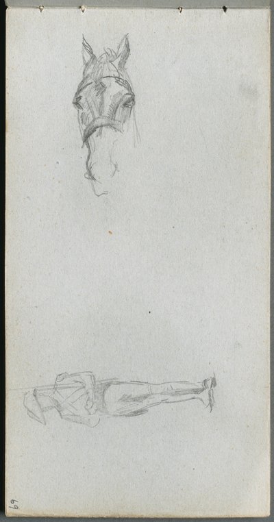 Skissbok, sidan 69: Studie av en hand, en häst och en figur. av Jean Louis Ernest Meissonier