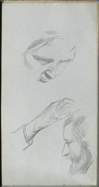 Skissbok, sidan 70: Studie av två ansikten och en hand. av Jean Louis Ernest Meissonier