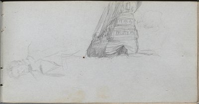 Skissbok, sid 84: Figurstudie, studie av ett skepp. av Jean Louis Ernest Meissonier
